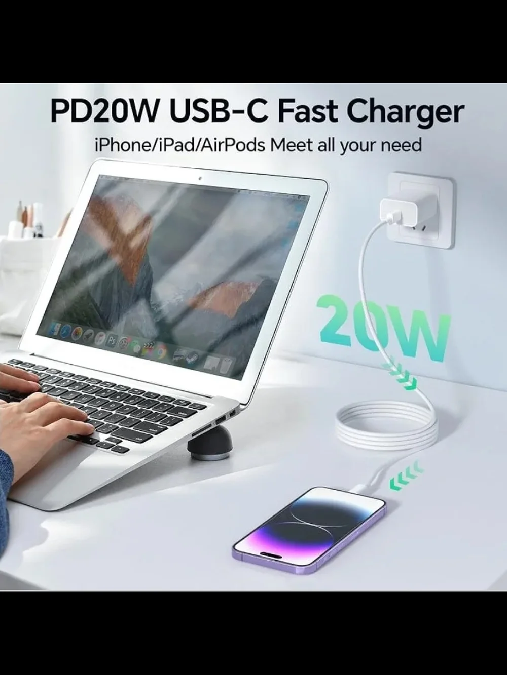 3pk 6ft iPhone Fast Charger 20W USB-C Wall Charger Block [MFi Certified]